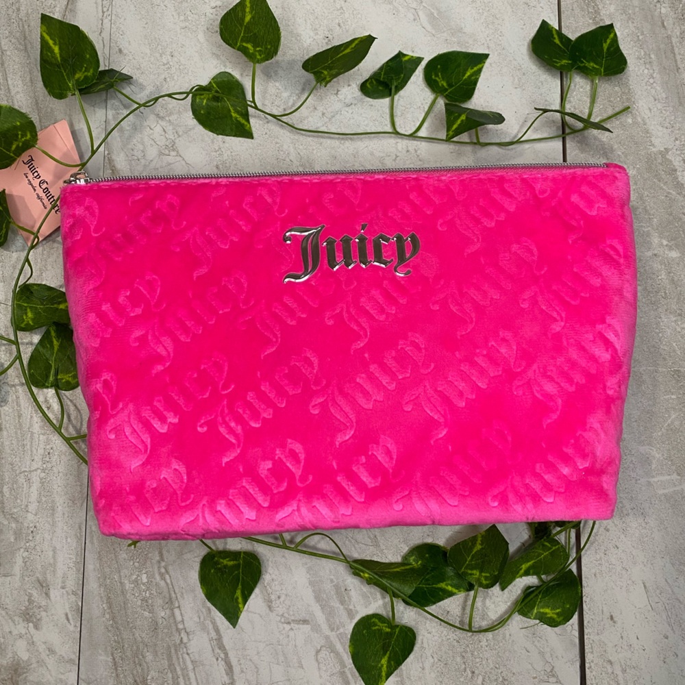 Juicy Couture Cosmetic Bag Makeup Velour Pink Y2K Travel Toiletry Pencil Pouch